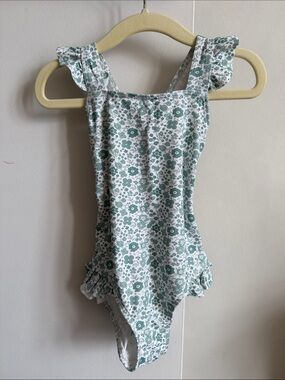 Girls Floral Ruffle One-Piece Swimsuit in Green and White. European brand